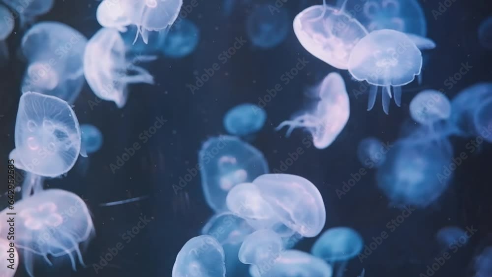 Jellyfish is swimming in an aquarium with multicolored lights. Jellyfish is swimming in an aquarium with multicolored lights.