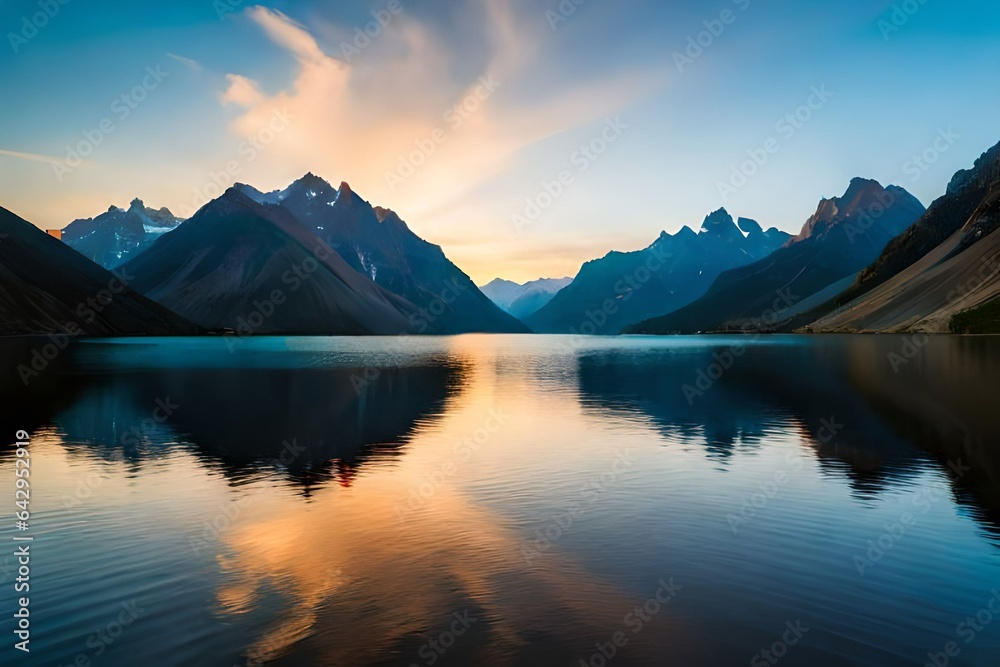 sunrise in the mountains with lake