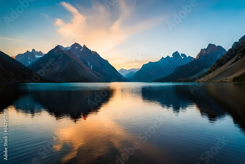 sunrise in the mountains with lake © Amna
