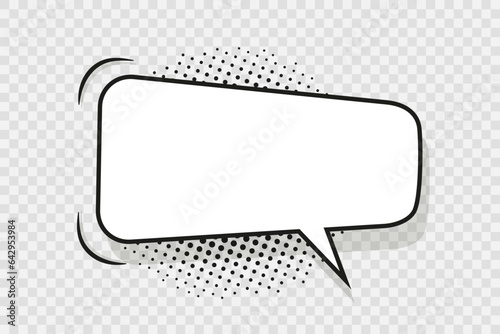 Pop art speech bubble on halftone grey colors background. Comic starburst pattern. Banner with dots, beams. Vintage duotone texture. Cartoon superhero backdrop. Funny print. Vector illustration