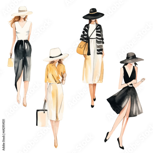 Casual fashion girls sketch. Fashion models watercolor vector illustration.