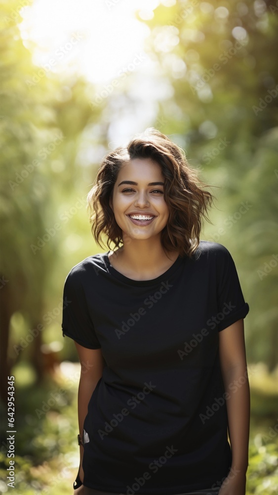 young woman wearing a plain Black t-shirt young woman wearing a plain Black t-shirt
