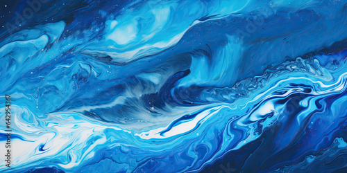 Dynamic marbled oil and acrylic abstract art. Blue, white and black blend fluidly, forming a captivating, marbled paper texture. Ideal for wallpapers, banners, and illustrations.