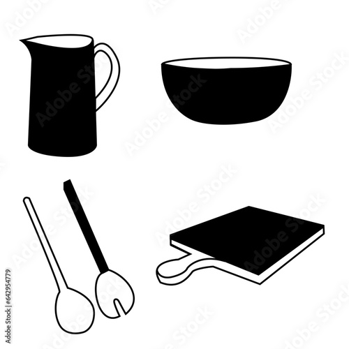 Cooking Tools Vector Set: Spoon, Cutting Board, Kettle & Bowl