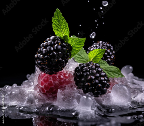 Fresh blackberries falling into water with a splash on a black background