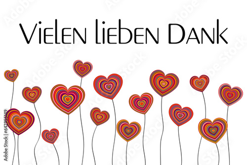 Vielen lieben Dank - Schriftzug in deutscher Sprache. Dankeskarte mit bunten Herzblumen.