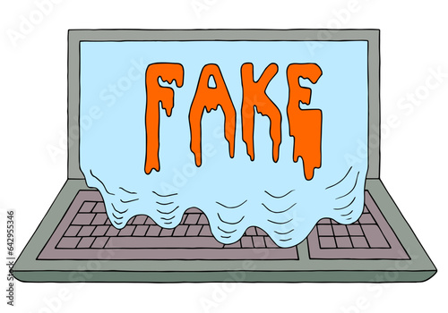 The inscription "Fake" on the screen of the laptop. Fake news, propaganda.