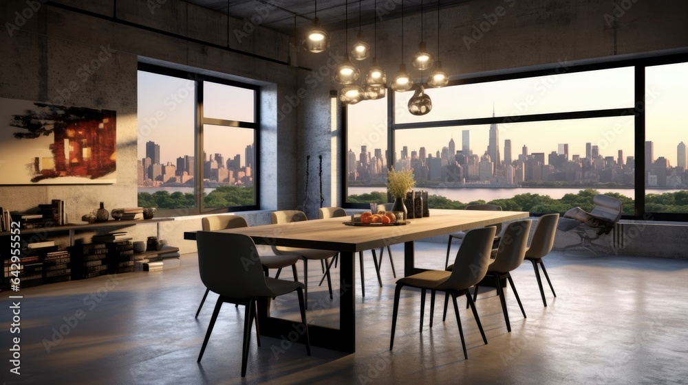 Interior design inspiration of Contemporary Urban style home dining room loveliness decorated with Metal and Concrete material and City View .Generative AI home interior design .