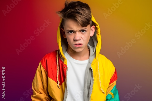 Studio portrait of a teenager boy being envious or jealous, isolated on colorful background. Teenager emotions or moods concept. Generative AI © Mihai Zaharia