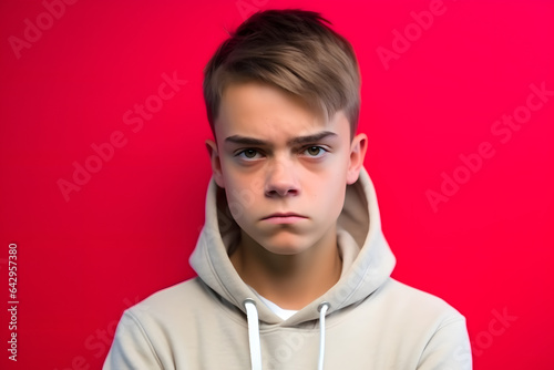 Studio portrait of a teenager boy being skeptical, isolated on colorful background. Teenager emotions or moods concept. Generative AI © Mihai Zaharia