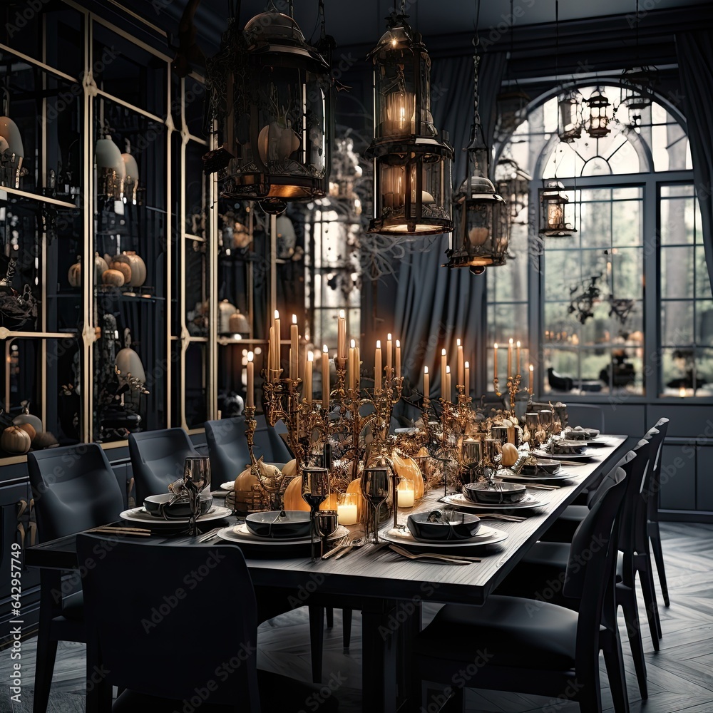 an elegant dining room with dark blue walls, black chairs and large ...