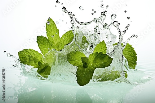 fresh mint leaves and water flow splash Menthol, peppermint isolated on white background photo