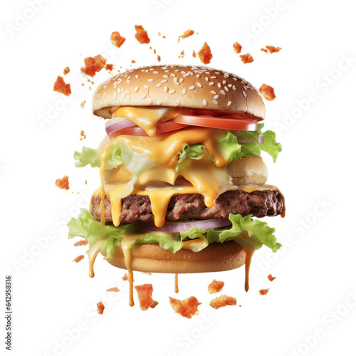 Flying Delicious cheese burger with meat tomato lettuce buns and falling off in small pieces, transparent background, Generative ai