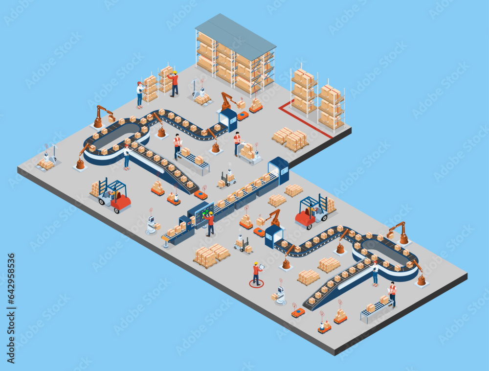 3D isometric Automated Warehouse Robots and Smart warehouse technology Concept with Warehouse Automation System and Autonomous Robot Transportation operation service. Vector illustration EPS 10