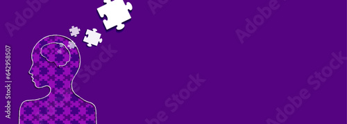 Mental health Icon human head and puzzle pieces Banner with cops space. Alzheimer's disease, memory loss, dementia, mental illness. Vector Illustration.