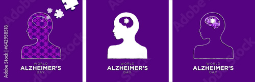 Set of World Alzheimer's Disease Artwork. Minimal Paper Art Concept. Head profile with puzzled mind, question marks. Vector Arts on colored backgrounds.
