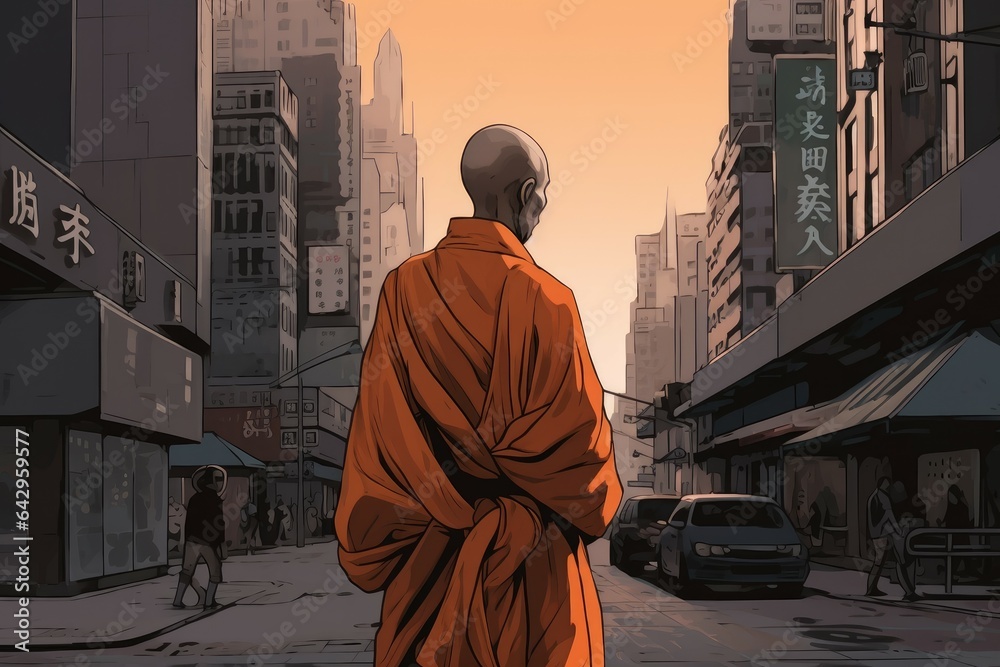 Fotografie Monk robe city walk. Generate Ai