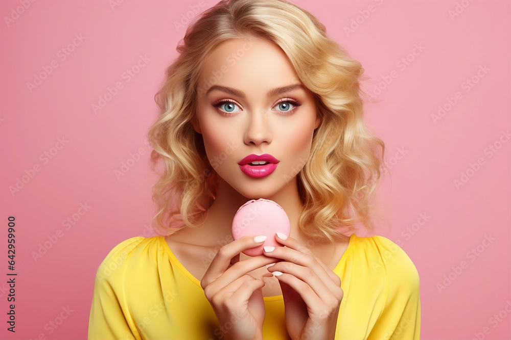 Portrait of sweet lady biting one pink macaron. Pretty blonde model. Isolated on pink background, Advert, Valentine day, Mother day, International Women Day Portrait of sweet lady biting one pink macaron. Pretty blonde model. Isolated on pink background, Advert, Valentine day, Mother day, International Women Day