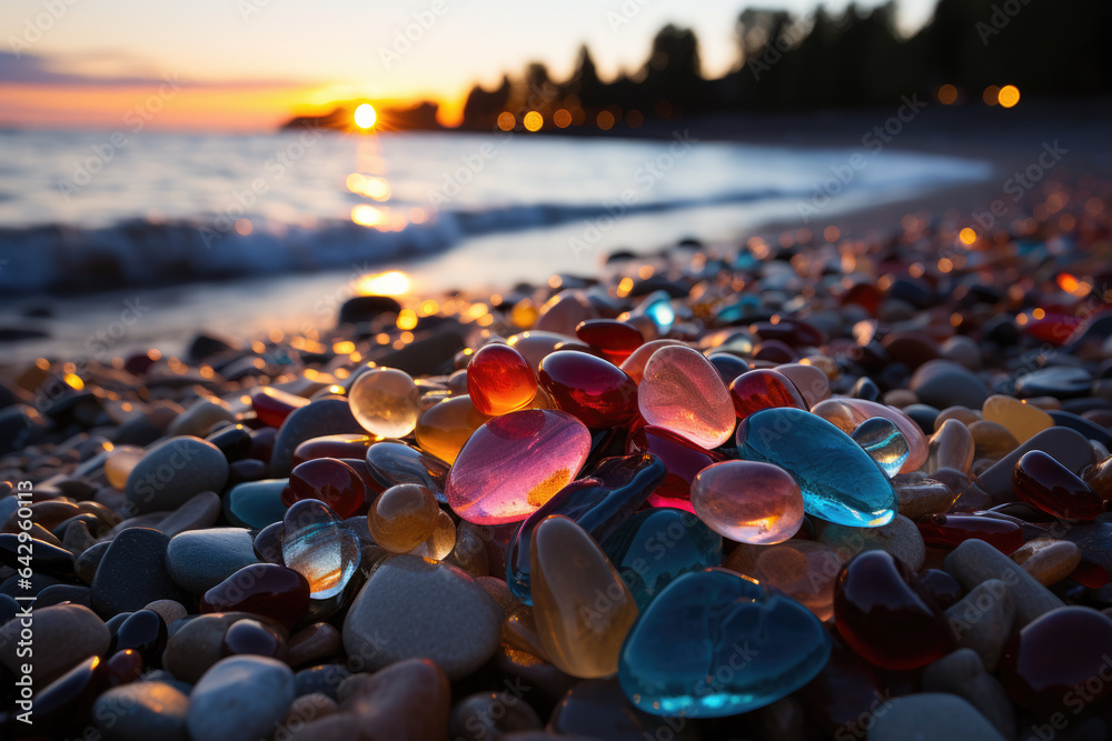 Fototapeta premium Colorful glass stones on the beach in sunset