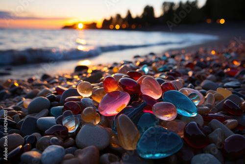 Colorful glass stones on the beach in sunset