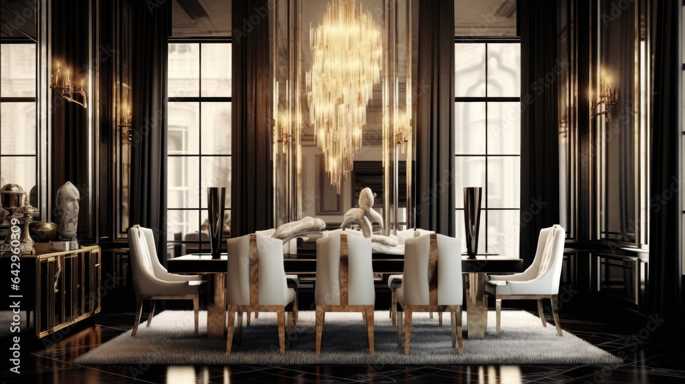 Interior design inspiration of Art Deco Glam style home dining room loveliness decorated with Gold and Velvet material and Ceiling detail .Generative AI home interior design . - obrazy, fototapety, plakaty 