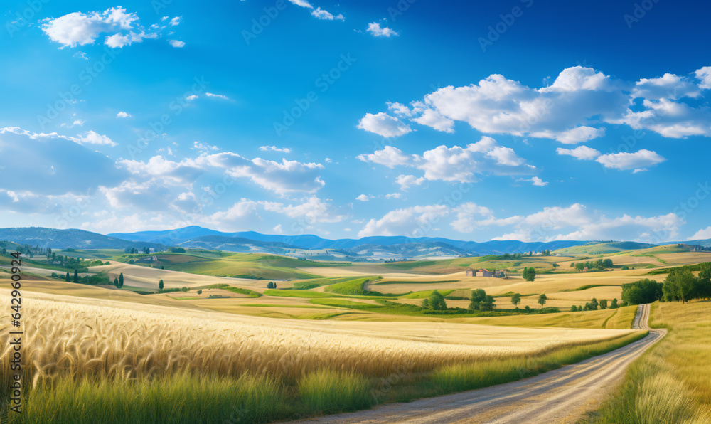 Rural picturesque landscape with fields of young wheat and hilly terrain in the background. AI digital art