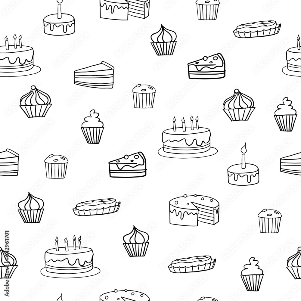 Cute seamless pattern of delicious cake, muffin, cupcake, pice of cake and cake with candles. Great for banners, menu design, party, birthday, children's holiday, print. Vector illustration EPS10.