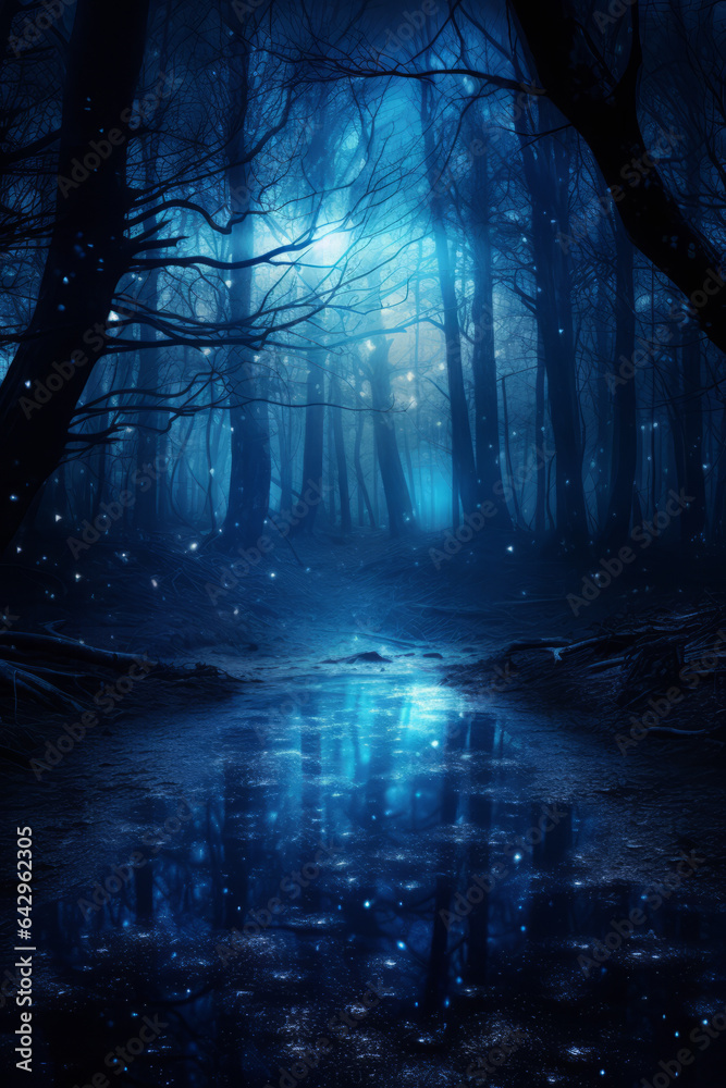 A dark forest in a blue moonlight mist at night