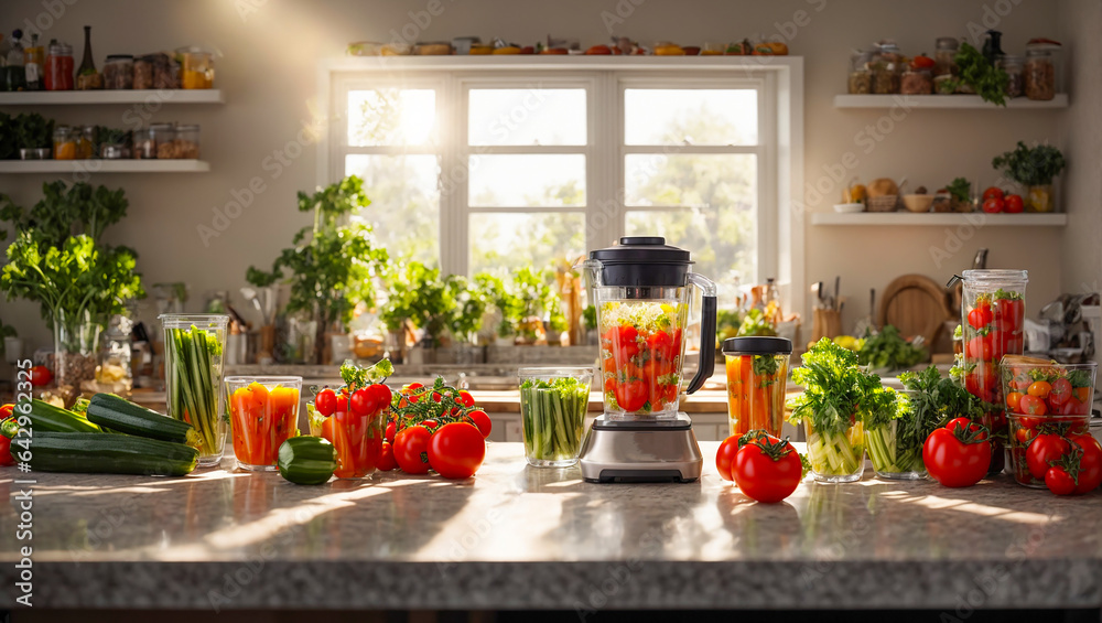 Blender with different vegetables in the kitchen Blender with different vegetables in the kitchen