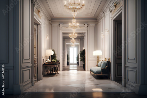 Empire style hallway interior in luxury house.