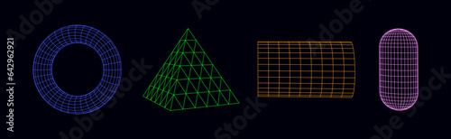 Vector set sci-fi 3D objects with lines. Wireframe geometric shapes such as turus, pyramid, capsule, cylinder. Abstract technology background. Scientific framework.