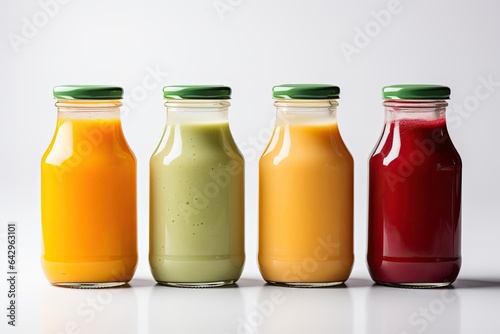 Green, yellow, orange and red smoothie in glass bottles isolated on white background