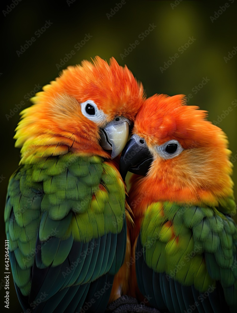 two parrots that are looking at each other one's face with their eyes closed and beaked together
