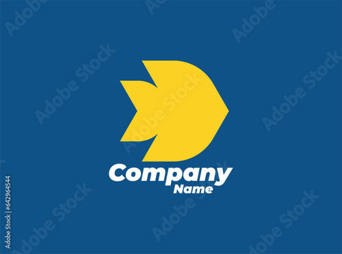 Simplified symbol of a fish, Yellow on Blue, Flat Vector Logo Design Template Element