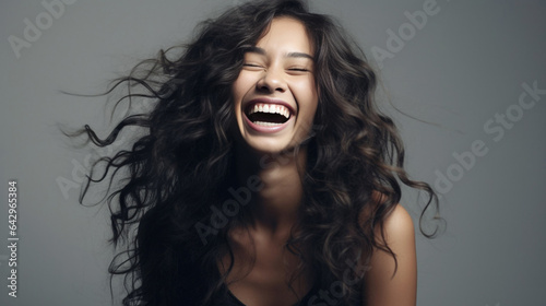 Obraz na plátne Headshot of girl with curly hairstyle wearing grey camisole send sweet on grey color background
