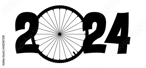 Happy new year 2024. Cartoon cycling wheels line pattern. Sport icon. Cyclist wheel logo or pictogram. Cycling or bike rims symbol