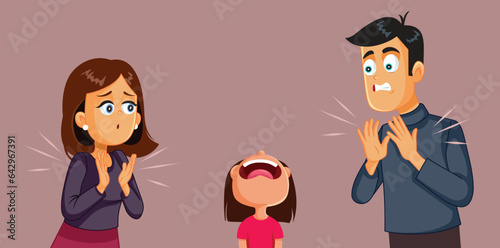 Parents Fake Applauding the Untalented Daughter Singing Vector Cartoon. Mother and father falsely congratulating an untalented kid 
 photo