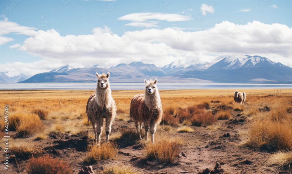 Group of llamas grace the vast Bolivian desert, with distant mountains as backdrop. Created with generative AI tools