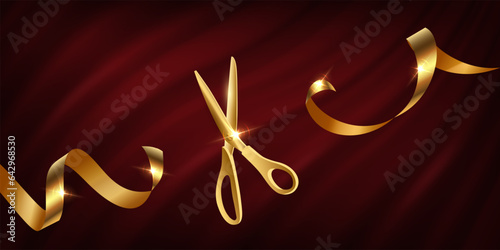 Golden scissors cut gold ribbon on red curtain background realistic illustration. Grand opening ceremony symbols, 3d accessories, traditional ritual before launching new business, campaign photo