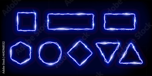 Neon blue frames set with electro flash of lightning vector illustration. Abstract square circle rectangle rhombus hexagon fantasy gates with flare and glow electricity light effect on borders