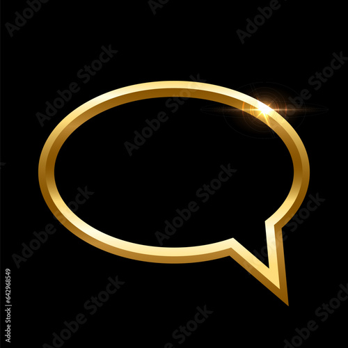 3D gold frame of speech bubble vector illustration. Realistic glossy golden balloon of social media chat on black background, elegant shiny dialog conversation cloud template with glow light effect