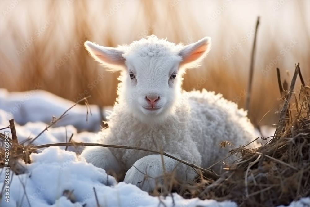 Fototapeta premium Cute young mammal animals nature baby winter farming sheep snow agriculture lamb