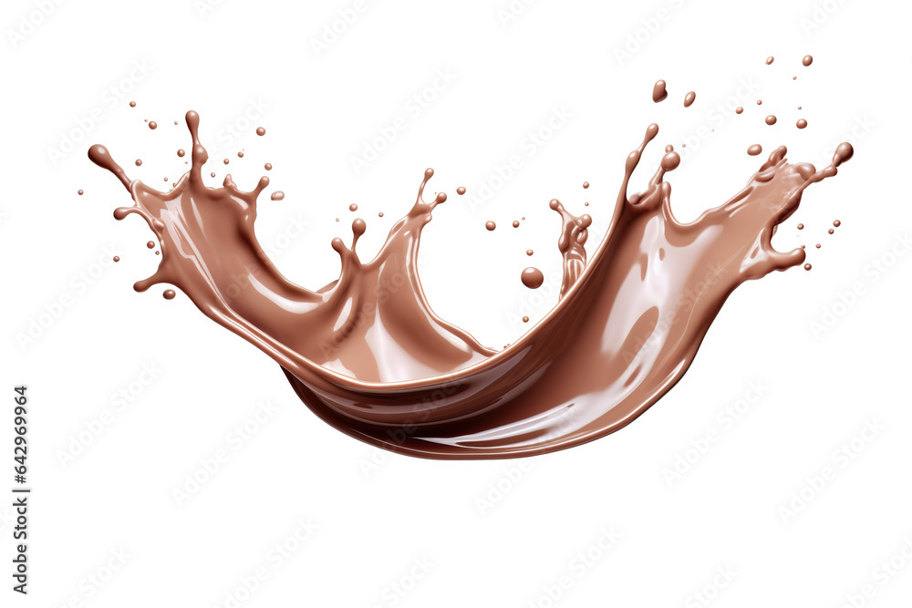 Realistic chocolate milk wave splash, cocoa drink spill with drops isolated on white background PNG - obrazy, fototapety, plakaty 