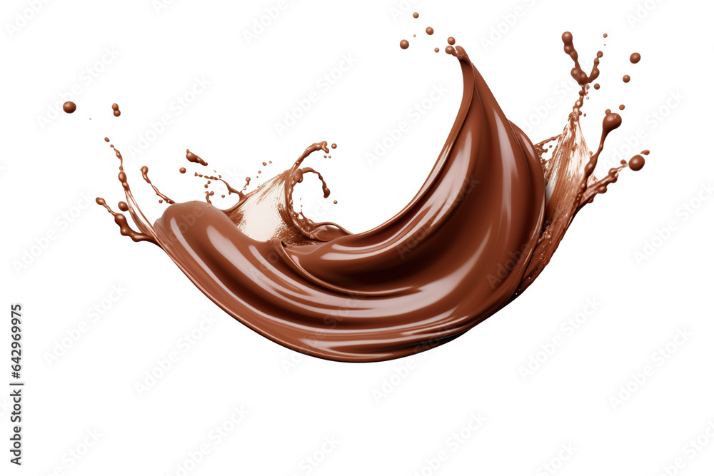 Realistic chocolate milk wave splash, cocoa drink spill with drops isolated on white background PNG