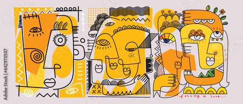 Various of minimalist abstract face portraits drawing with minimalist yellow shapes on background vector illustration. Decorative  ethnic  line art wall art design.