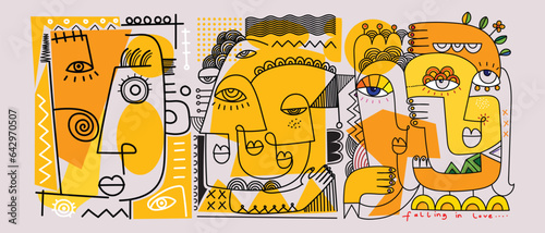Various of minimalist abstract face portraits drawing with minimalist yellow shapes on background vector illustration. Decorative, ethnic, line art wall art design.