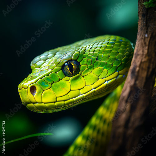 Close-up of a green mamba in the Amazon forest