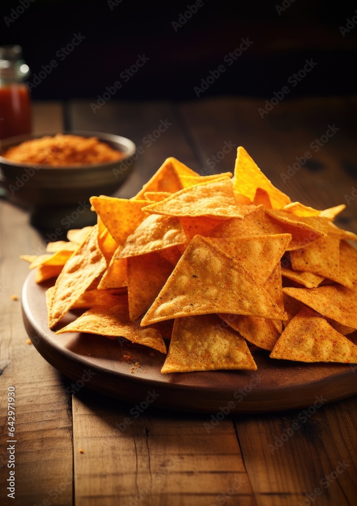 A pile of doritos on the wooden table, dark background. Generative AI. A pile of doritos on the wooden table, dark background. Generative AI.