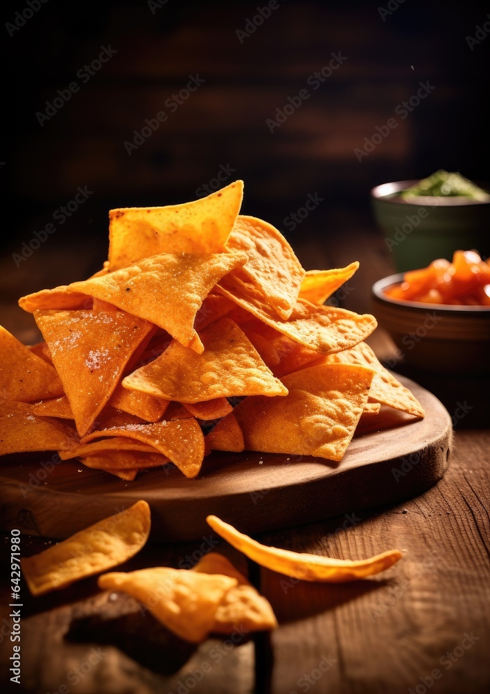 A pile of doritos on the wooden table, dark background. Generative AI. A pile of doritos on the wooden table, dark background. Generative AI.