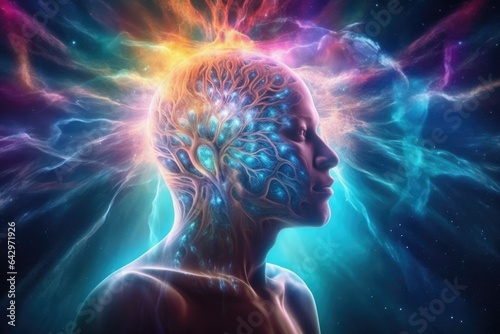 Consciousness Expansion, exploring altered states of consciousness for spiritual growth and self-exploration. Human face with spirituality Energy waves